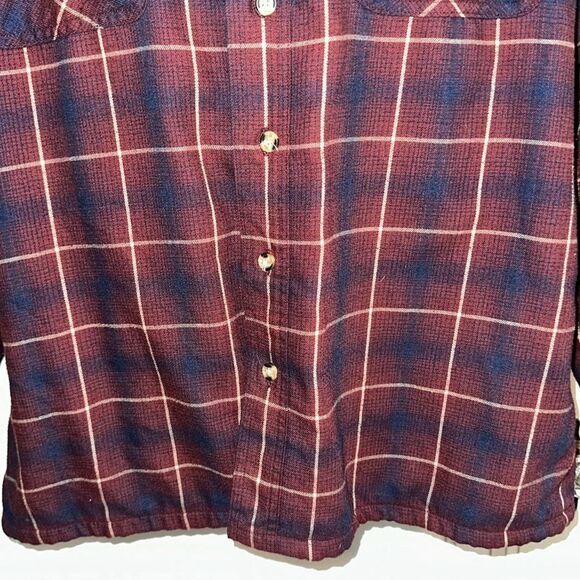 David Brook maroon/navy blue plaid flannel shacket with knit waffle weave lining - Picture 3 of 11